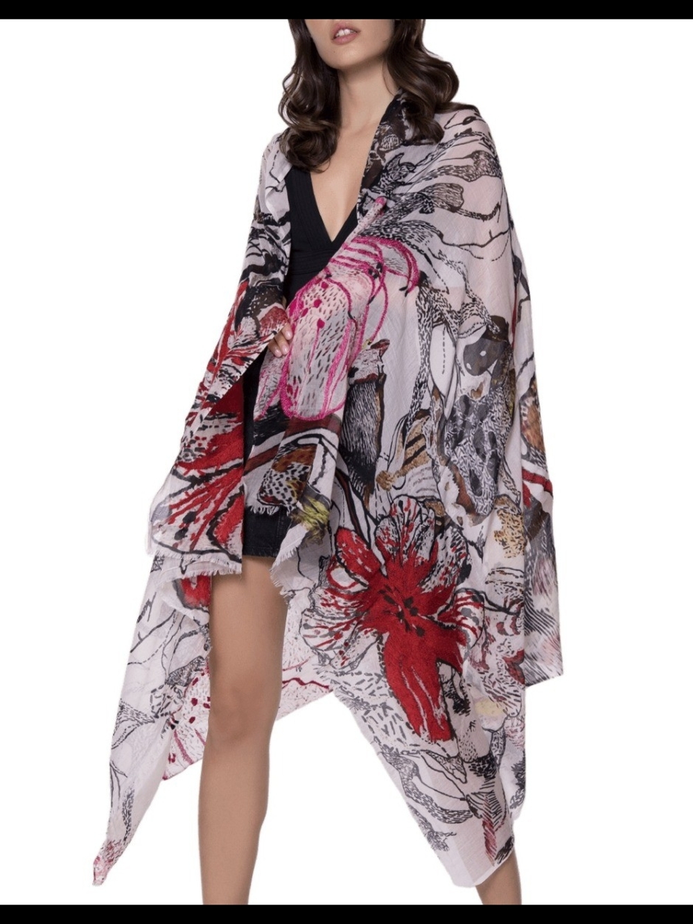 Floral Print Lightweight Scarf in Pink and Red - Picture 2 of 8